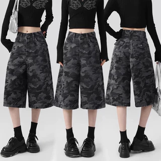 S~5XL Camouflage shorts กางเกงครอปขาตรงสไตล์เรโทรแบบใหม่ กางเกงทรงตรงเอวสูงทรงหลวม กางเกงขาสั้นลายพรางลำลองทรงหลวม