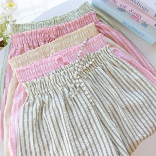 กางเกงขาสั้นลายริ้ว โทนสีพาสเทล เอวยืดสม็อค ใส่นอนใส่เล่นสบา…