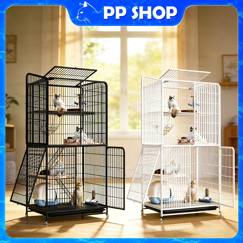 กรงเเมว กรงแมวขนาดใหญ่ Cat Cage กรงสัตว์เลี้ยง มีล้อและบันได แถมถาดฟรี ประกอบง่าย 2-4ชั้น