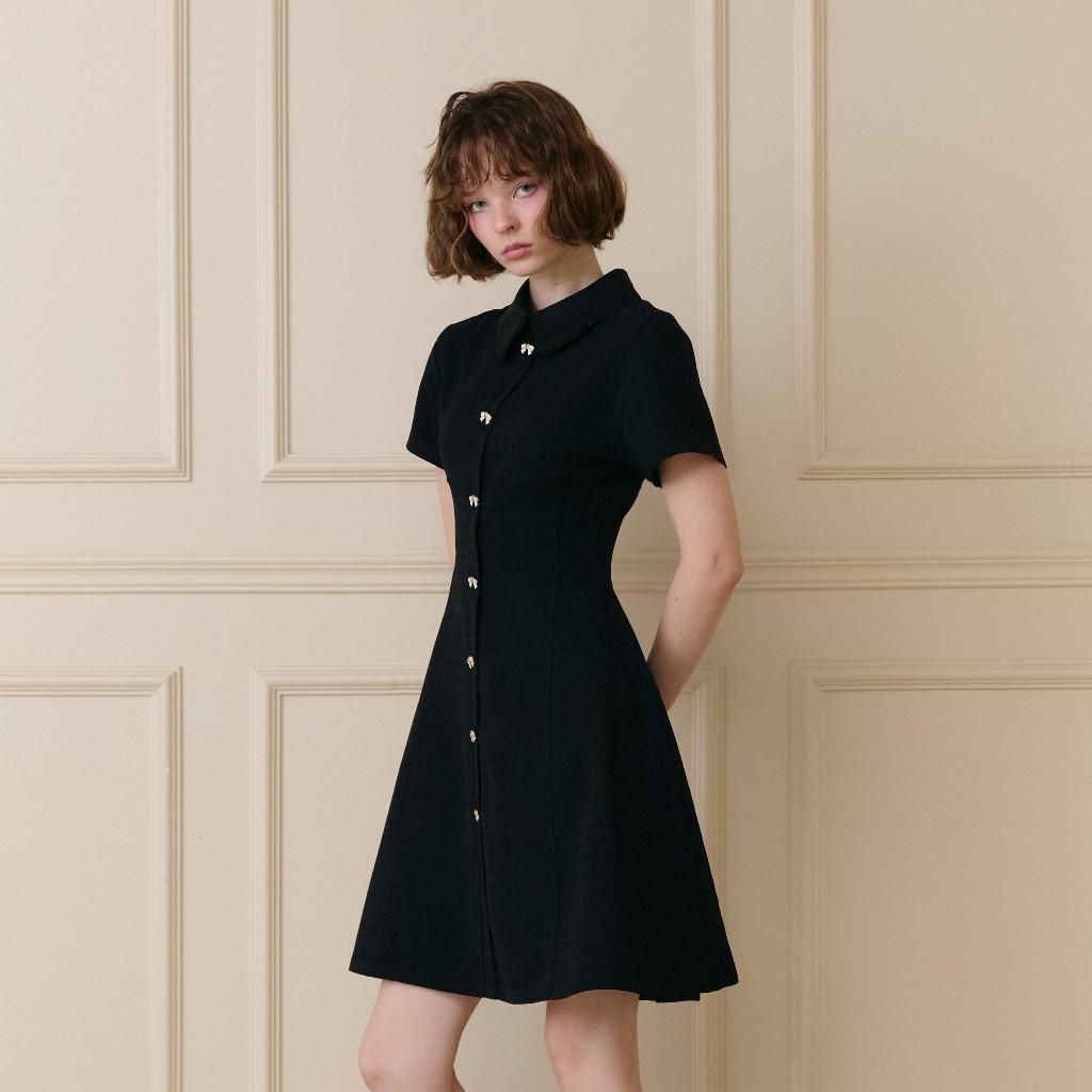 La Mignonne (XS-4XL) Balloon Flower Dress เดรสทำงานกระโปรงยาว ดีเทลกระดุมโบว์ ทรงกระโปรงเก็บหุ่นเข้ารูปสวย