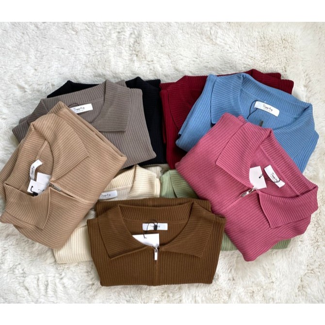 (T933)เสื้อไหมพรมแขนยาวซิปหน้าคอปกสีพื้นผ้านิ่มมาก