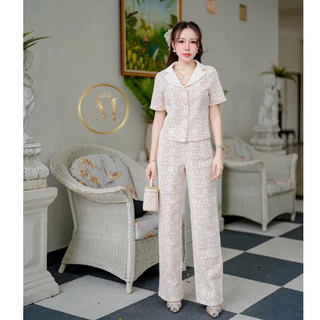 Macaron Closet ชุดเซตกางเกงลูกไม้สีขาวครีม set เสื้อ + กางเกง เซท 2 ชิ้น เสื้อคอปกกระดุมหน้าทรงสวย พร้อมกางเกงยาว