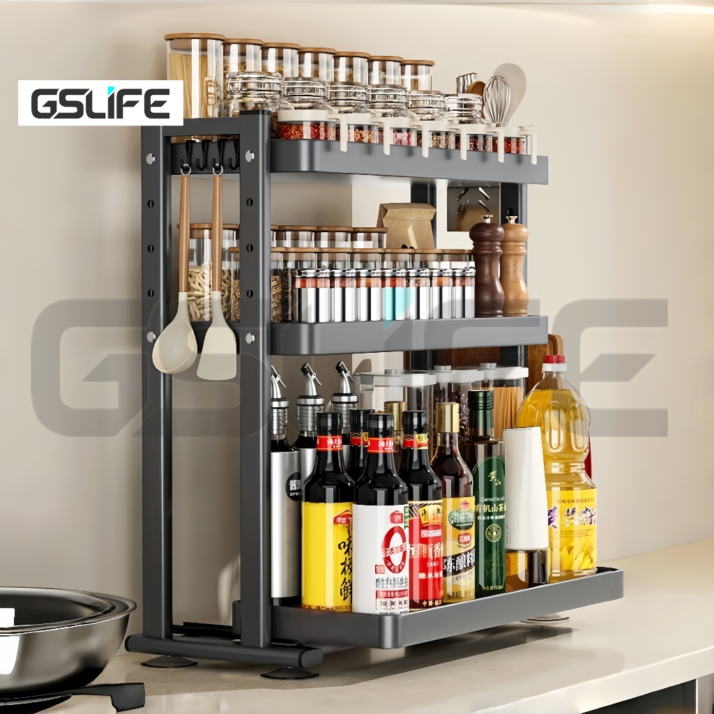 GSLife ออแกไนเซอร์เครื่องเทศแบบดึงออก ระบบจัดเก็บปรับระดับในตัว ดีไซน์แคบสำหรับติดตั้งในตู้ครัว ประหยัดพื้นที่