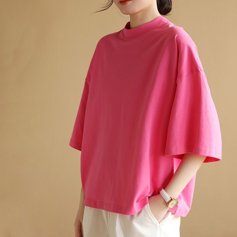 เสื้อสีพื้นมินิมอลสไตล์เกาหลี oversize เสื้อผ้าสาวอวบไซส์ใหญ่ แฟชั่นใหม่ เสื้อยืดสวยๆผู้หญิงแขนสั้นแบบหลวม ผ้าคอตตอนผสม