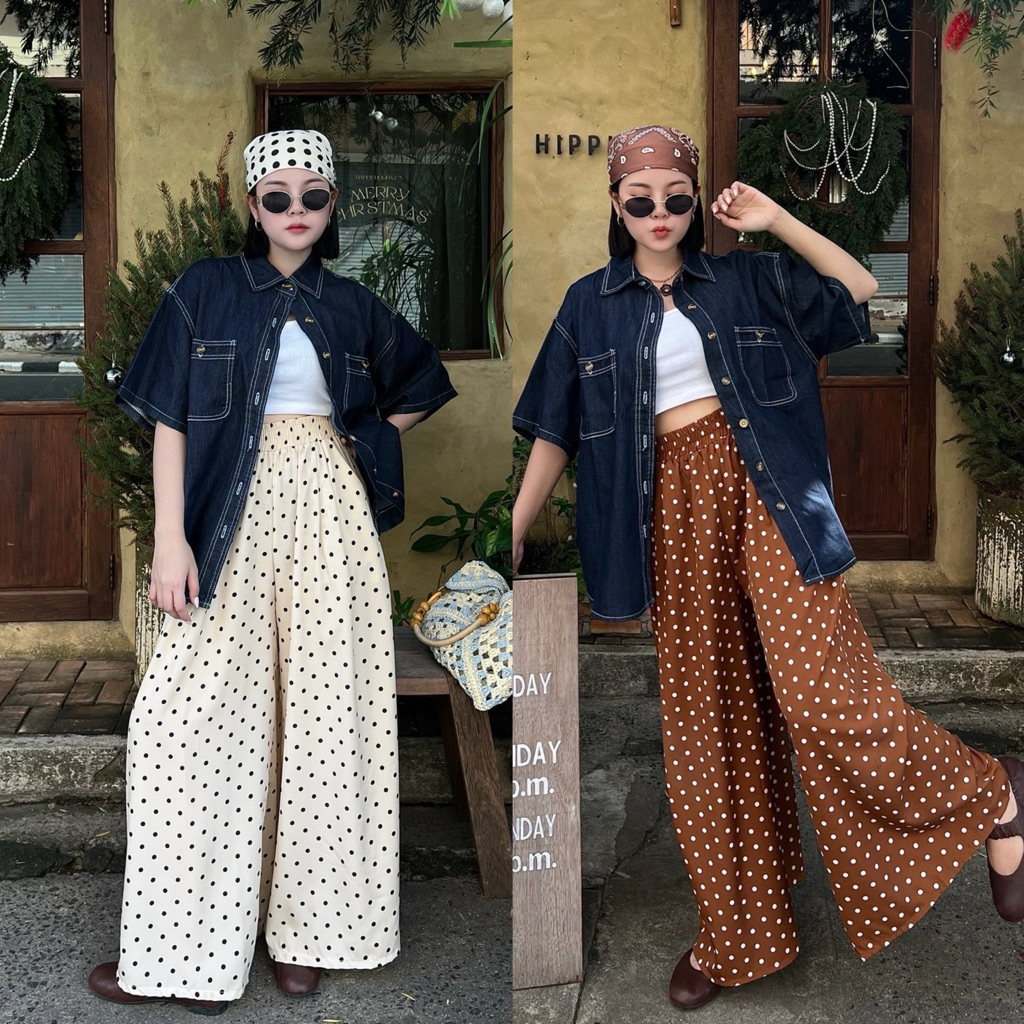 กางเกงกระโปรงลาย Polkadot ผ้าไหมญี่ปุ่นพิมพ์ลาย เอว 24-38 นิ้ว