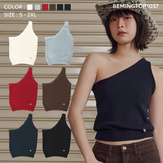 Bemingtop1037(S-2XL)-BMG Eona Knit เสื้อไหมพรมแขนกุด ดีไซน์ปาดไหล่ 1 ข้าง