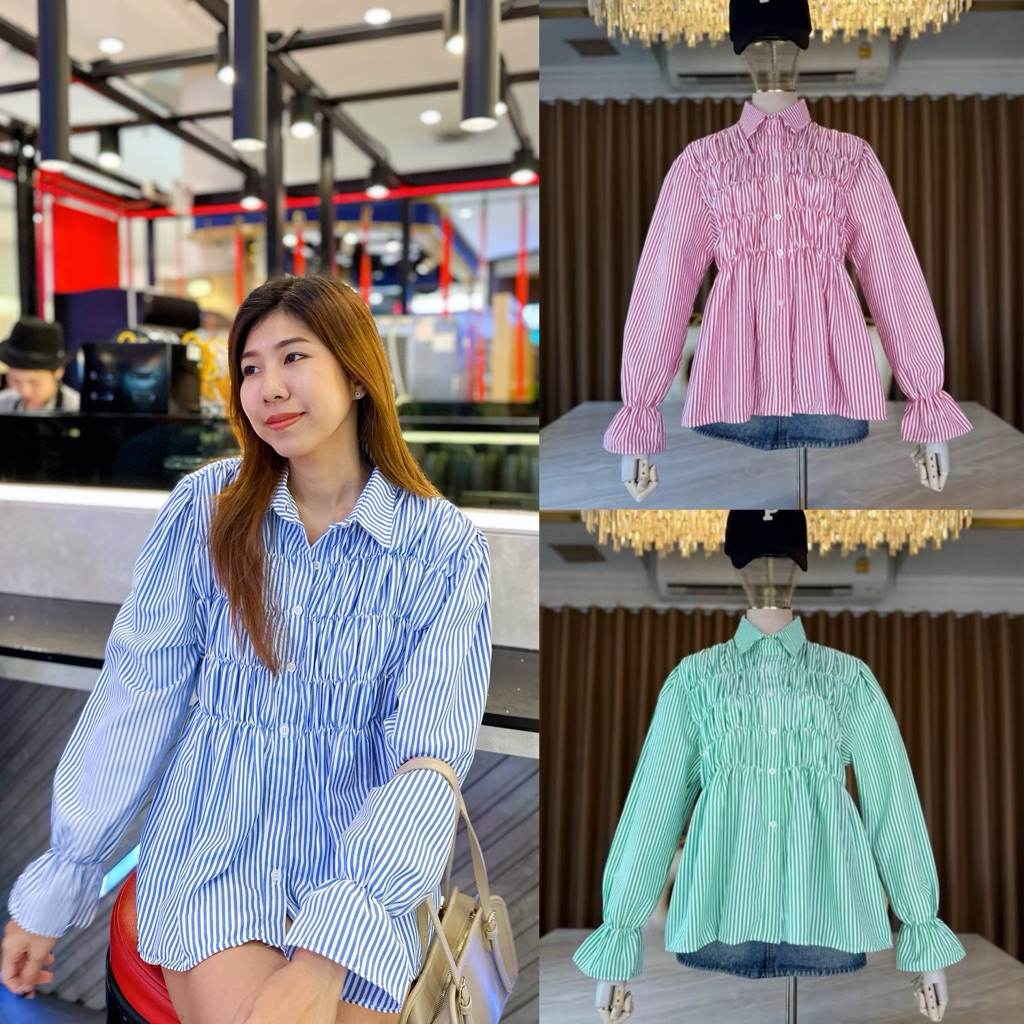 🔆Sunny🔆เสื้อเชิ้ตแขนยาวสม็อคอก ปลายแขนระบาย 6Color ผ้าไหมญี่ปุ่นนิ่มทิ้งตัว