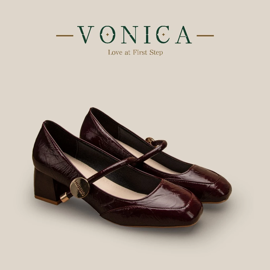 VONICA รองเท้าแมรีเจนสีแดง ส้นสูงล็อกเฮลส์ ทรงหัวเหลี่ยมสำหรับผู้หญิง สุดเอเลแกนส์ คู่กับการแต่งชุดราตรี