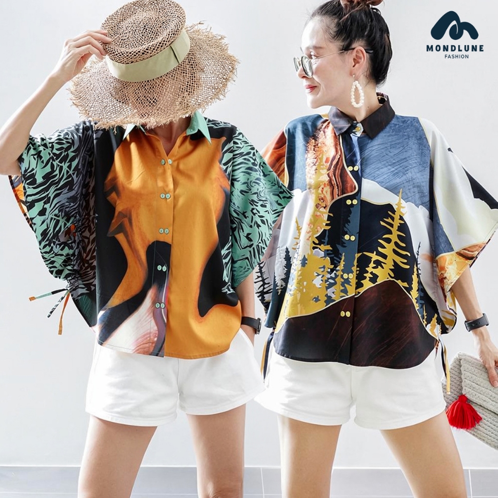#4181 MondLune เสื้อเชิ้ตคอปก แขนปีกค้างคาว มีเชือกรูดข้าวเอว ปรับความยาว ผ้าไหมอิตาลี100D เกรดดี