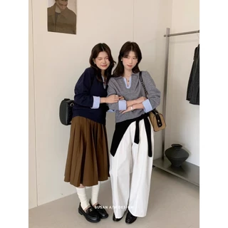 Gakki เสื้อสเวตเตอร์ถักลายปะติดปะต่อแบบสองชิ้นแขนยาวกันหนาวผู้หญิง เสื้อไหมพรมสไตล์เกาหลีฟรีไซส์ พร้อมส่ง 3383#