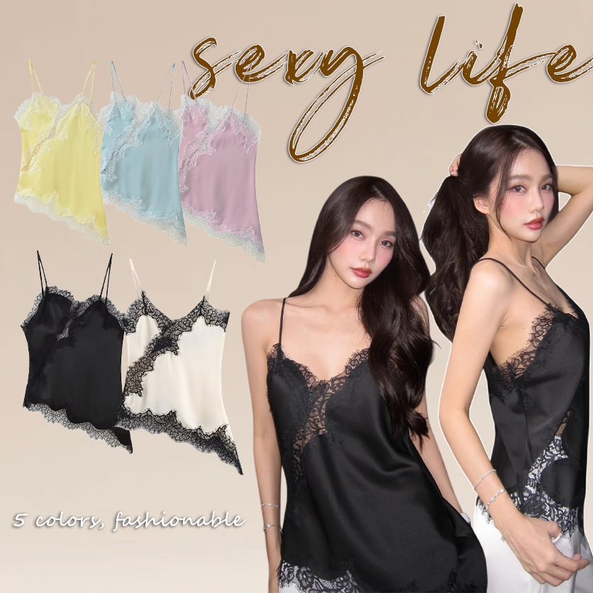 เสื้อสายเดี่ยว  ผ้าลูกไม้ซาติน คอวี เซ็กซี่ ชายกระโปรงไม่เท่ากัน  เปิดหลัง  ins  แฟชั่น   ส่งไวจากไทย