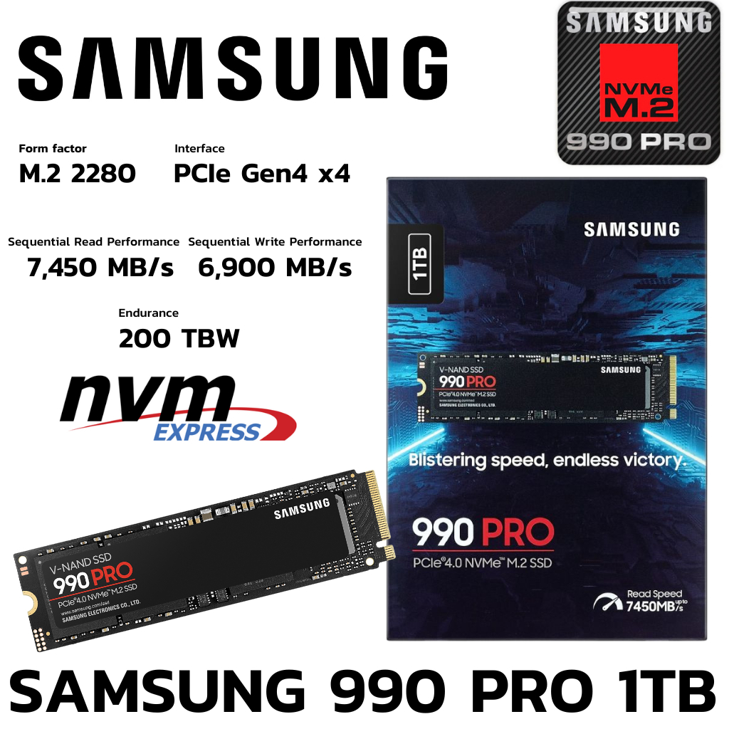 M.2 1 TB SSD (เอสเอสดี) SAMSUNG 990 PRO - PCIe 4x4/NVMe M.2 2280 (MZ-V9P1T0BW)