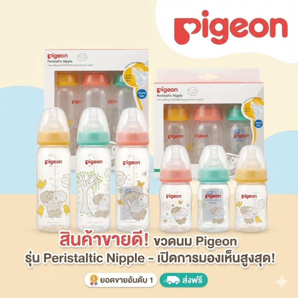 Pigeon (แพ็ค2 ฟรี1)พีเจ้น ขวดนมคอแคบ RPP ลาย HOWAPIPI จุกมินิ 4ออนซ์ และ 8ออนซ์ แพ็ค 3 ขวด