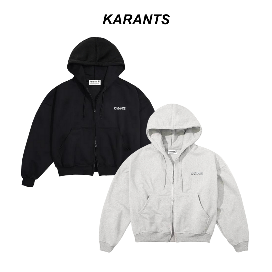 Karants เสื้อฮู้ดซิปสีพื้น โลโก้โลหะ ทรง Cropped Boxy ซิปสองทาง สไตล์ Unisex - AK76 เหมาะสำหรับทั้งผ