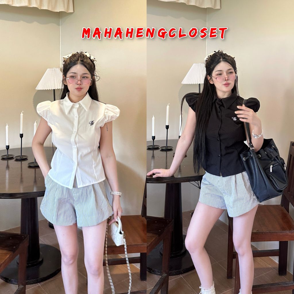 💰MahahengCloset💰เสื้อเชิ้ตปกแหลม แขนตุ๊กตาฟรุ้งฟริ้ง ให้ลุคหวานอบอุ่น เรียบหรูดูดีมีสไตล์💕