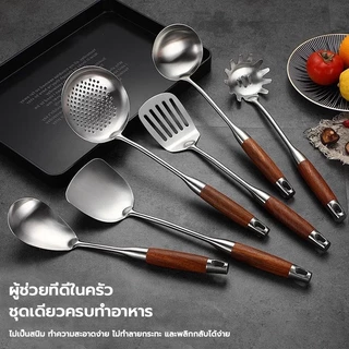 ตะหลิว-กระบวยรูสแตนเลส304 ด้ามไม้กันร้อนพรีเมียม ตักเส้น-อาหารง่าย ทนความร้อนสูง ปลอดภัยไร้สนิม