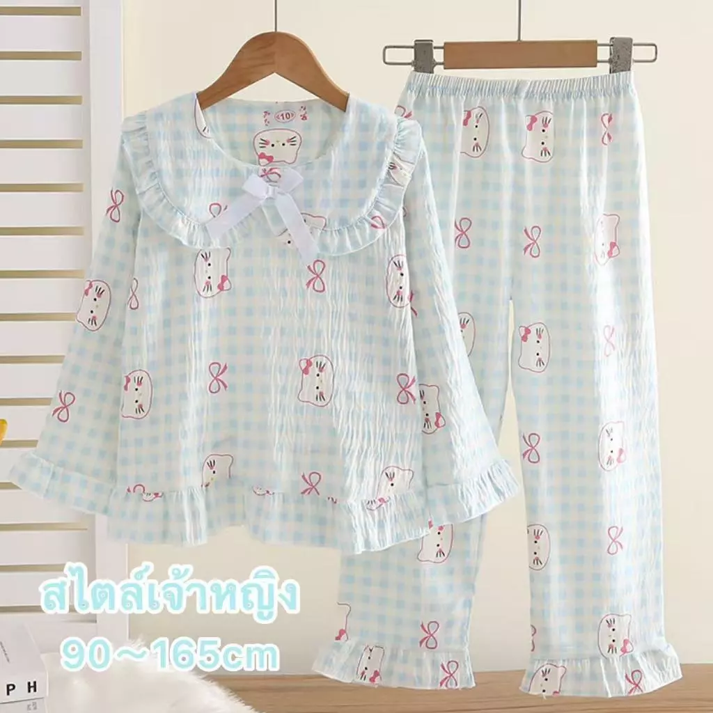 เสื้อผ้าสาวๆ,ชุดนอนเด็กผู้หญิง,สไตล์เจ้าหญิง,ความนุ่มและบางเบา,เสื้อแขนยาว+กางเกงขายาว