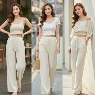 กางเกงขายาว ผ้าสาลูอัดย่น2ชั้น สีขาว ใส่อยู่บ้าน ใส่ไปทะเล ใส่คลุมบิกินี่❤️ กางเกงขายาวผู้หญิง กางเกงชายหาด