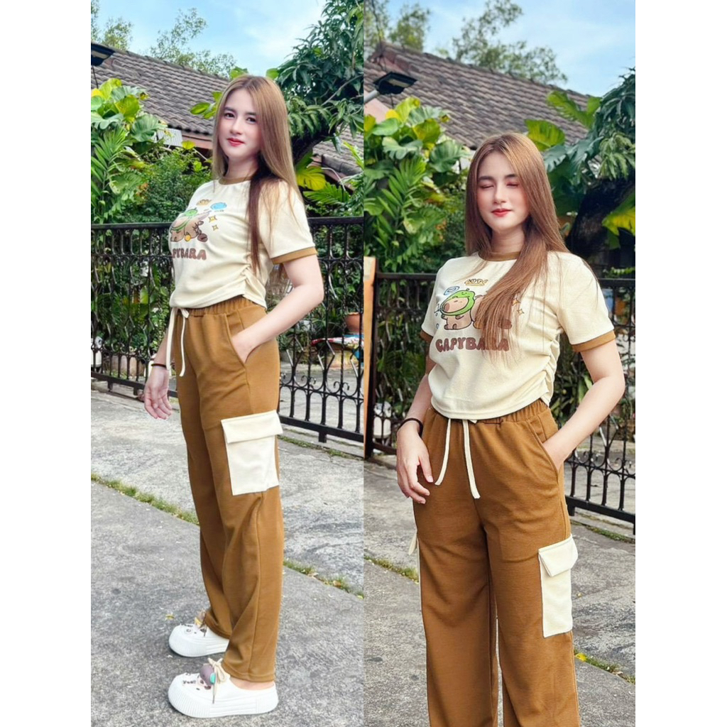 ชุดแม่และลูกสาว: ชุดเซตสุดคิ้วท์! เสื้อยืดลาย Capybara + กางเกงคาร์โก้ขายาวสีน้ำตาล