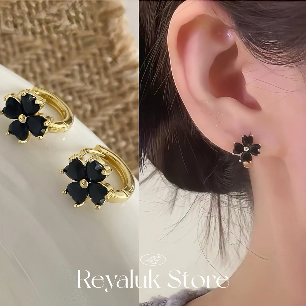 ต่างหูห่วง โคลเวอร์ 4 แฉก 10 มิล ก้านเงินแท้ S925 หุ้มทอง 18K พลอยสีดำ ดีไซน์หรู