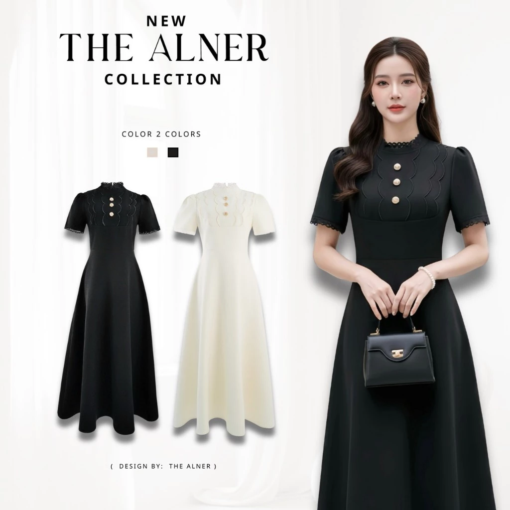 Thealner-AN342 (เดรสยาวแขนสั้นแต่งกระดุม3เม็ด)