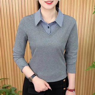 การออกแบบสองชิ้นปลอมแม่สวมเสื้อแขนยาวใหม่หลวมและบางสบายๆเสื้อผ้าผู้หญิงลดอายุ