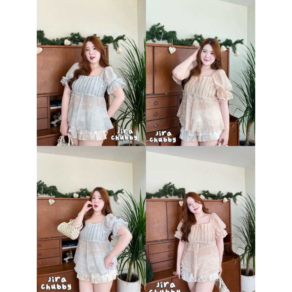 เสื้อคอเหลี่ยมสาวอวบผ้าโบว์พิมพ์ลายน่ารักสุดอก38-50นิ้ว
