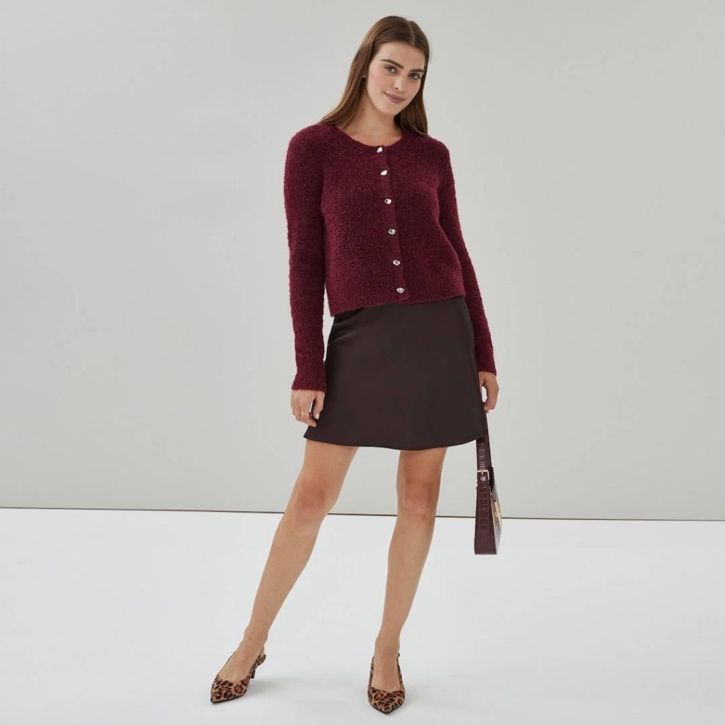 Joe Fresh Boucle Cardigan เสื้อคาร์ดิแกนบูกเล่ ทำจากผ้าเจอร์ซีย์ถัก กระดุมสีเงิน นุ่มแมทกางเกงกระโปรงหรือเดรส สีDark Red