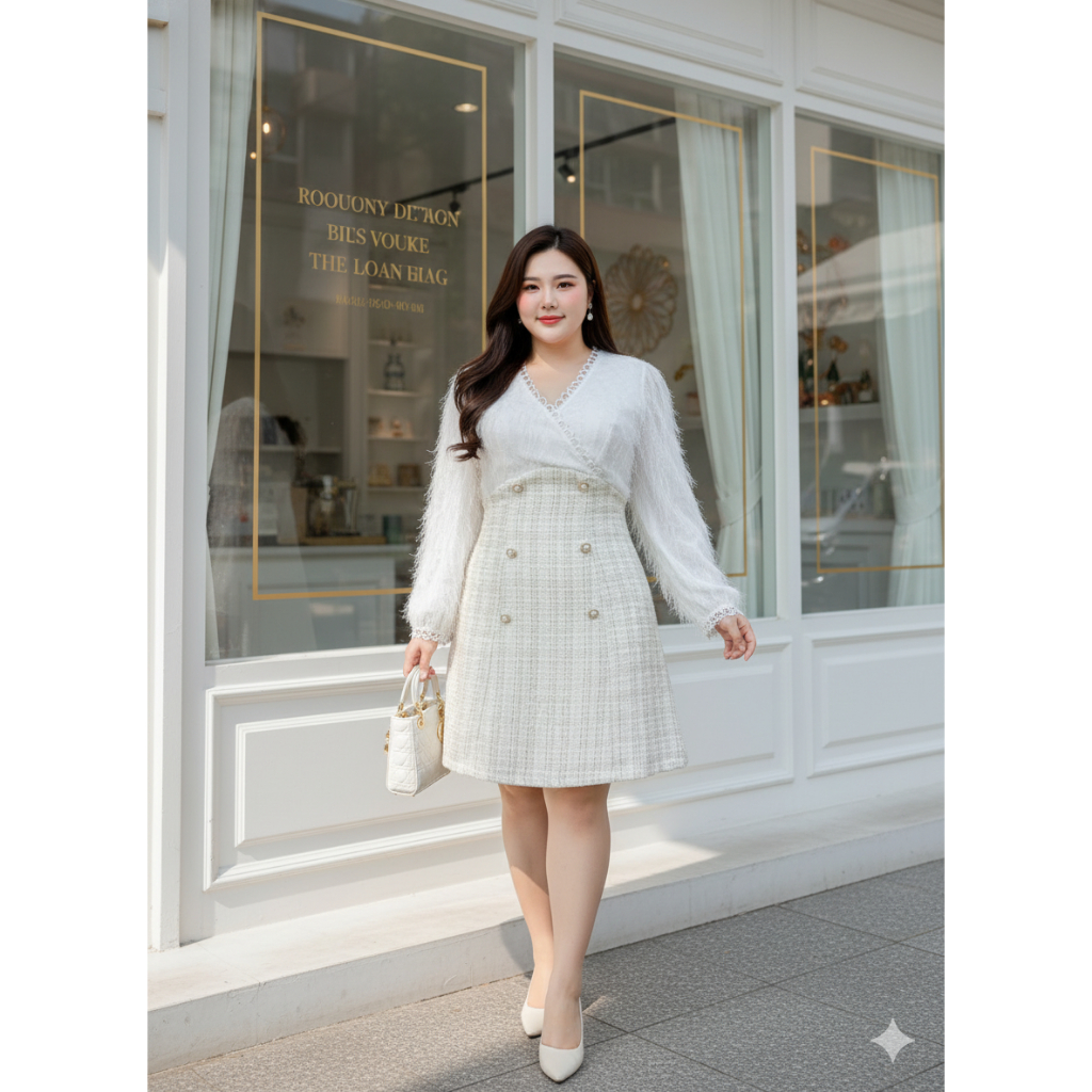 Dz356- Butter Cream Tweed Dress เดรสทวีตคอวีแต่งขนวิ้งค์