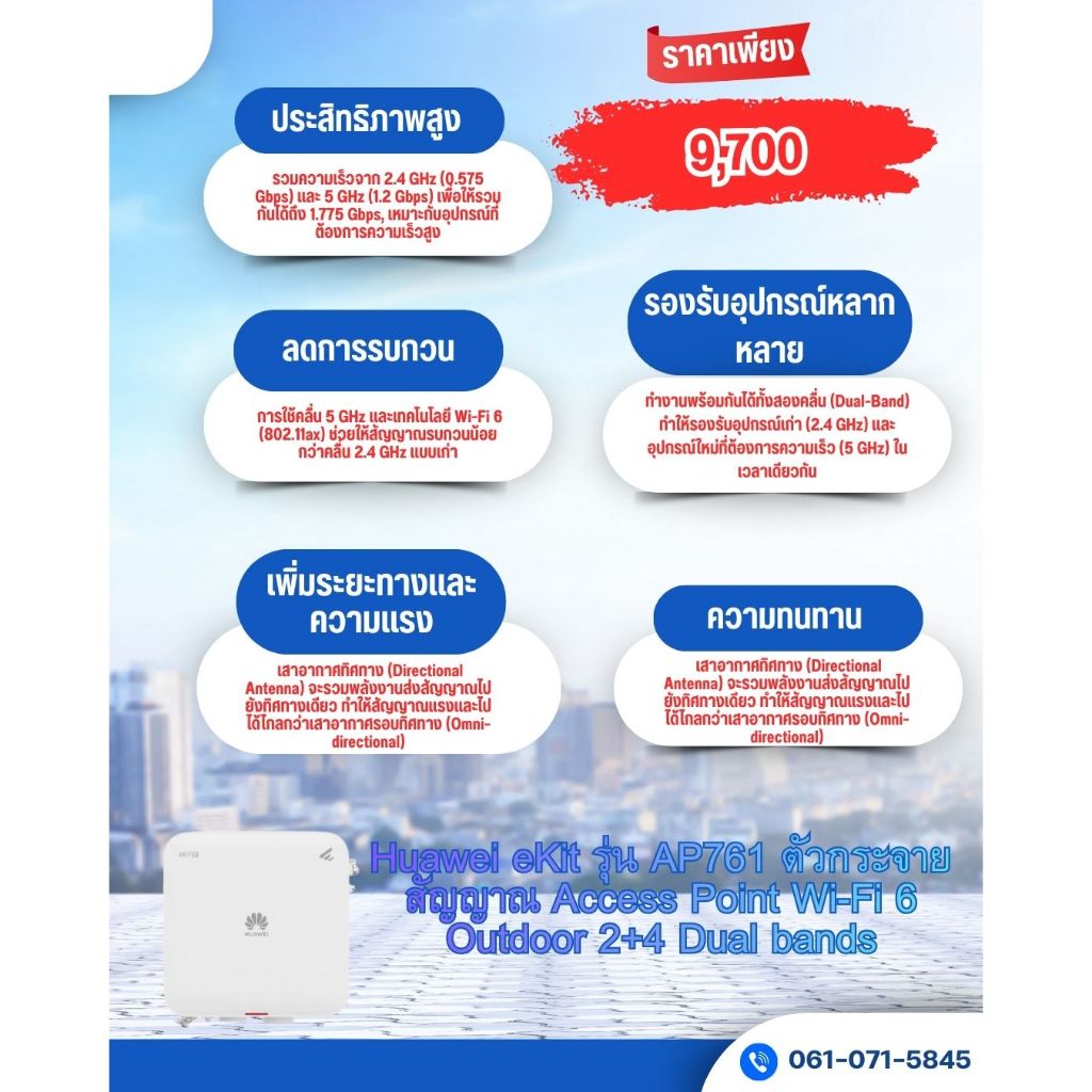 Huawei eKit รุ่น AP761 ตัวกระจายสัญญาณ Access Point Wi-Fi 6 Outdoor 2+4 Dual bands รับประกัน 3 ปี