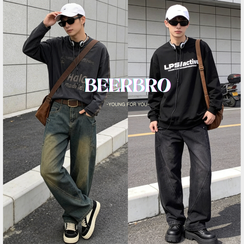 beerbroth-กางเกงยีนส์ขายาวผู้ชาย หลวมๆ แฟชั่นสีน้ำเงินเรโทรสีดํา ทรงกระบอกเอวสูง เอวยางยืด เท่ๆ