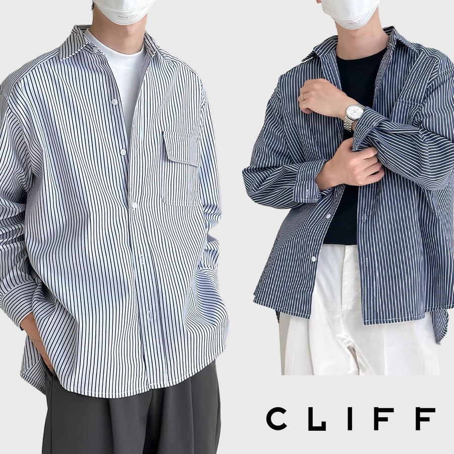 CLIFF เสื้อเชิ้ตลายทางวินเทจผู้ชาย  สีต่อผสาน  คลาสสิกและเข้ากับทุกสไตล์  หลวม  แบบยูนิเซ็กส์