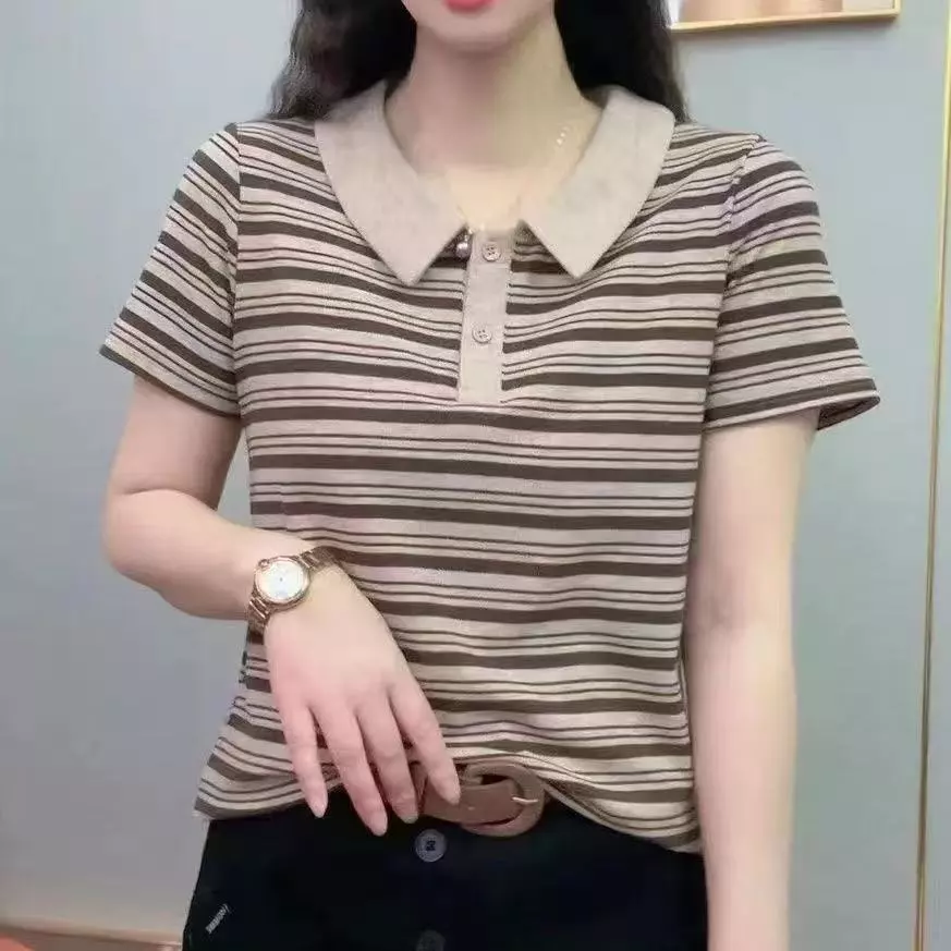 เสื้อยืดแขนสั้นตัวใหม่ฤดูร้อนสุดหรู เสื้อยืดแขนสั้น เสื้อกันหนาวลายทาง เสื้อยืดคอเต่าลายทาง เสื้อยืดแขนสั้นลายทาง เสื้อย