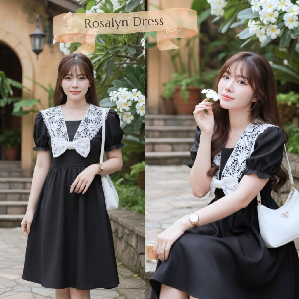 "Romi"Oil" Rosalyn Dress K353 ชุดเดรสสีดำ (แต่งโบว์ลูกไม้ขาว)