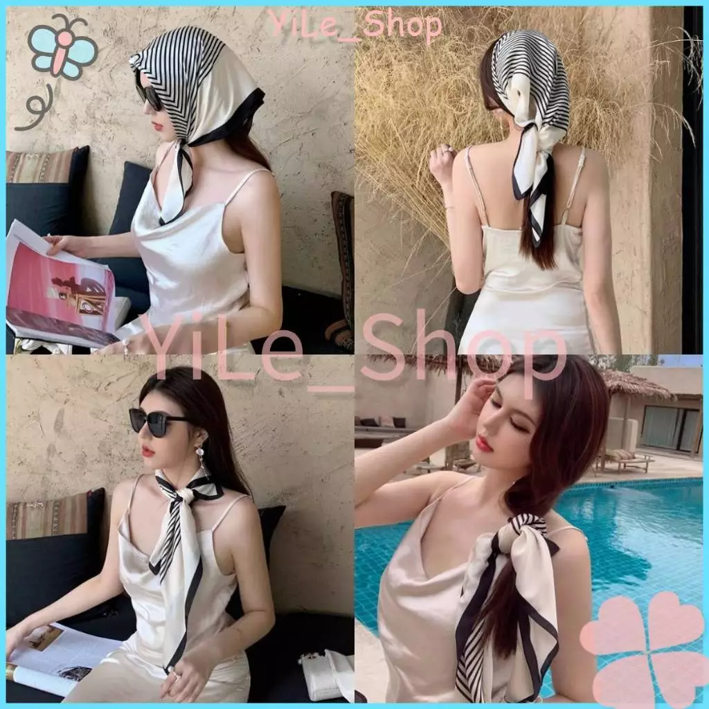 [จัดส่งจากไทย] INSผ้าคลุมไหล่สี่เหลี่ยมลายสวยสำหรับผู้หญิงไหมจำลองคุณภาพดีขนาดใหญ่70x70ซม.ใช้คลุมตัวผ้าพันคอY2K