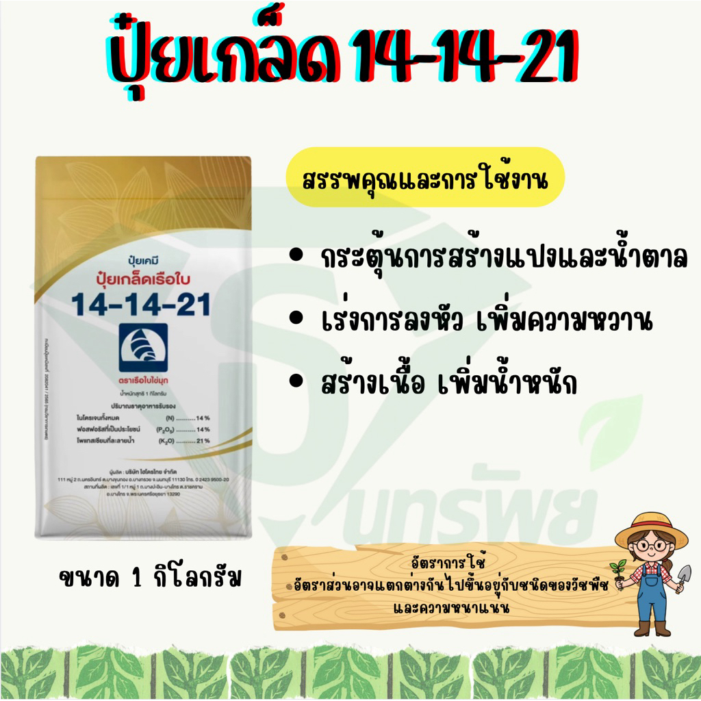 ปุ๋ยเกล็ดเรือใบ 14-14-21 🍀1 kg🍀 กระตุ้นการสร้างแป้งและน้ำตาล สร้างเนื้อ เพิ่มน้ำหนัก เพิ่มความหวาน(1