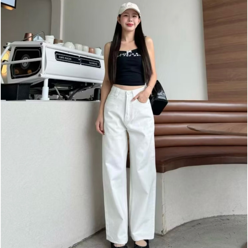 กางเกงยีนส์เอวสูง ทรงลิซ่า กระบอกใหญ่ Belin star ไซส์ M