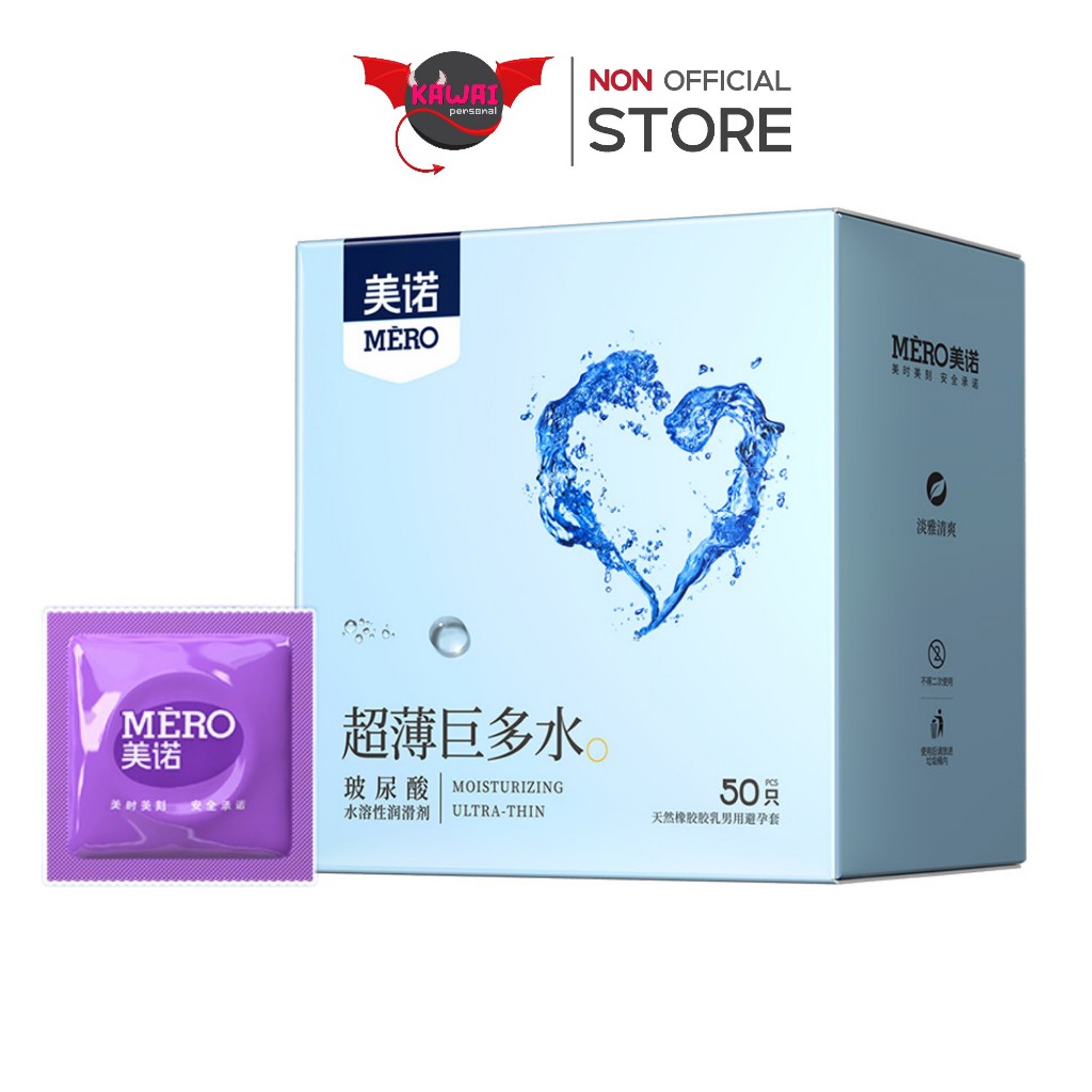 MERO 50 ชิ้น ถุงยางอนามัยราคาส่ง แบบบาง 0.01–0.02 ขนาด 52 มม. เพิ่มสารหล่อลื่นไฮยาลูรอน บำรุง