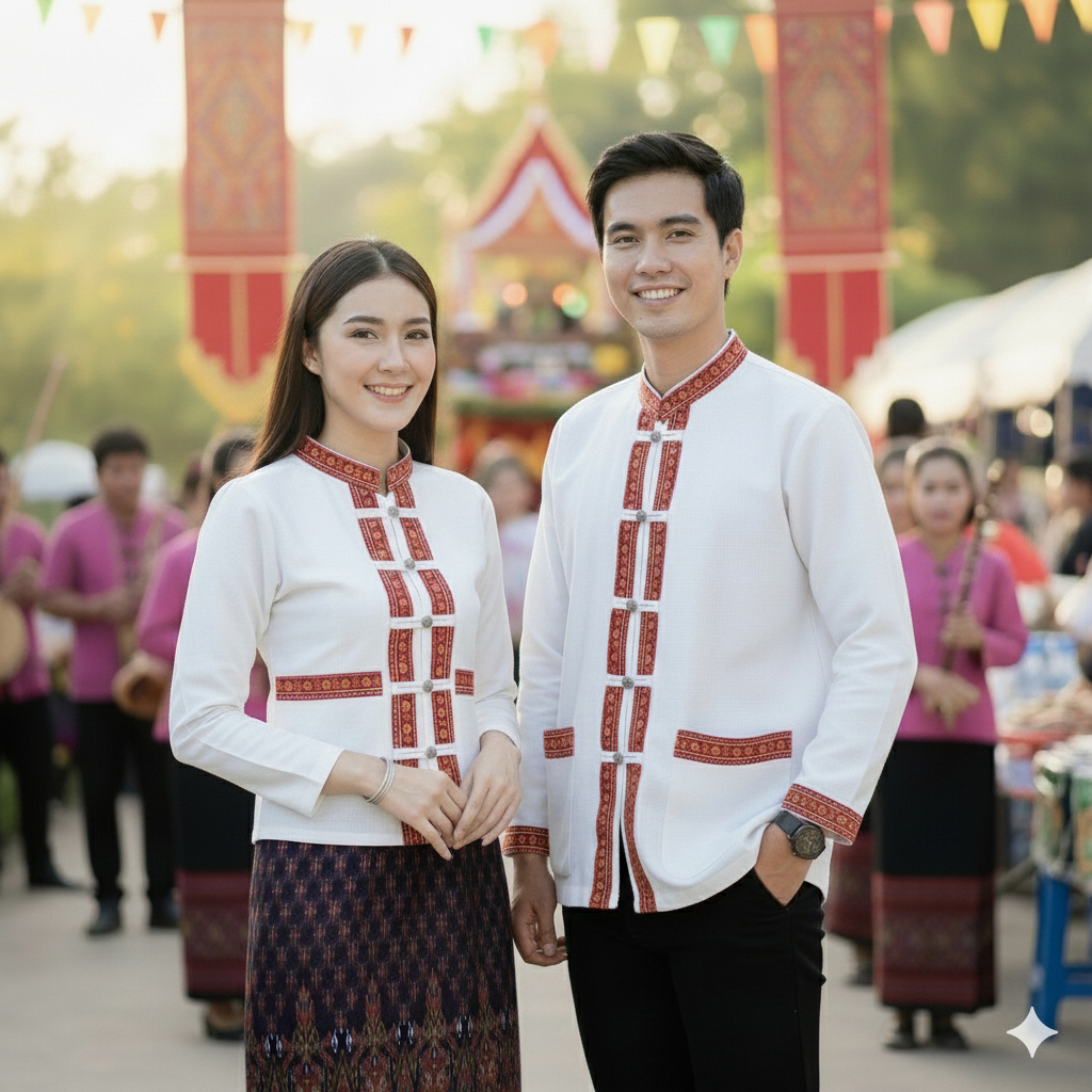 เสื้อพื้นเมืองคู่ แต่งเทปภูไท แขนยาว