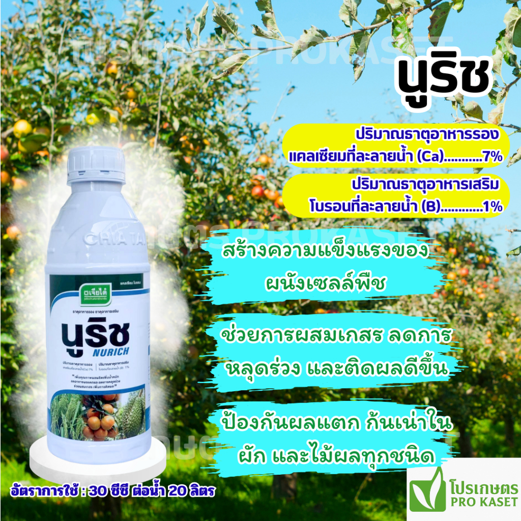 นูริช 1 ลิตร แคลเซี่ยม+โบร่อน ธาตุอาหารรอง+อาหารเสริม จากเจียไต๋ ป้องกันผลแตก กันเน่าในไม้ผลทุกชนิด ช่วยผสมเกสร