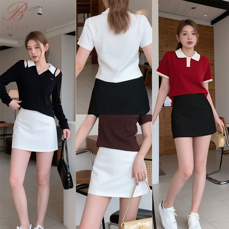 B BLUES กระโปรงกางเกง (กระโปรงรอบ) มีซับในทั้งตัว ผ้าเปเป้ Size S-XL สาวอวบใส่ได้