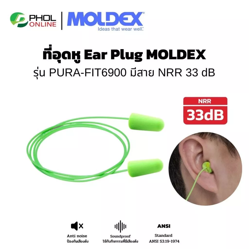 ที่อุดหูกันเสียง เอียปลั๊ก Ear Plug MOLDEX รุ่น PURA-FIT6900 โฟมอุดหู แบบมีสาย NRR 33 dB