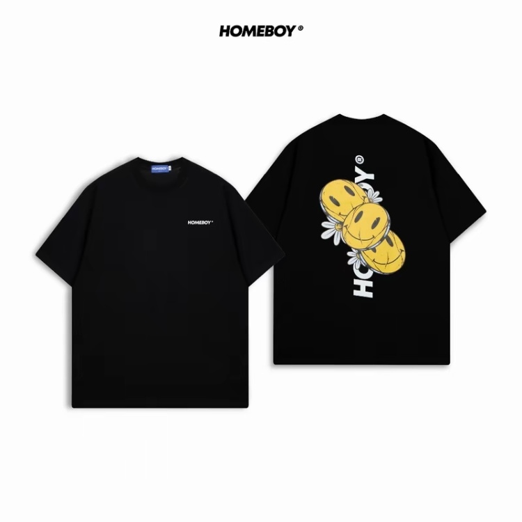 [READY STOCK] เสื้อยืดคอกลมสั้นแขน 100%cottons สไตล์Street Wear ลายHOMEBOY Smiley สีดำ ไซส์M-3XL สวมสบายแฟชั่น