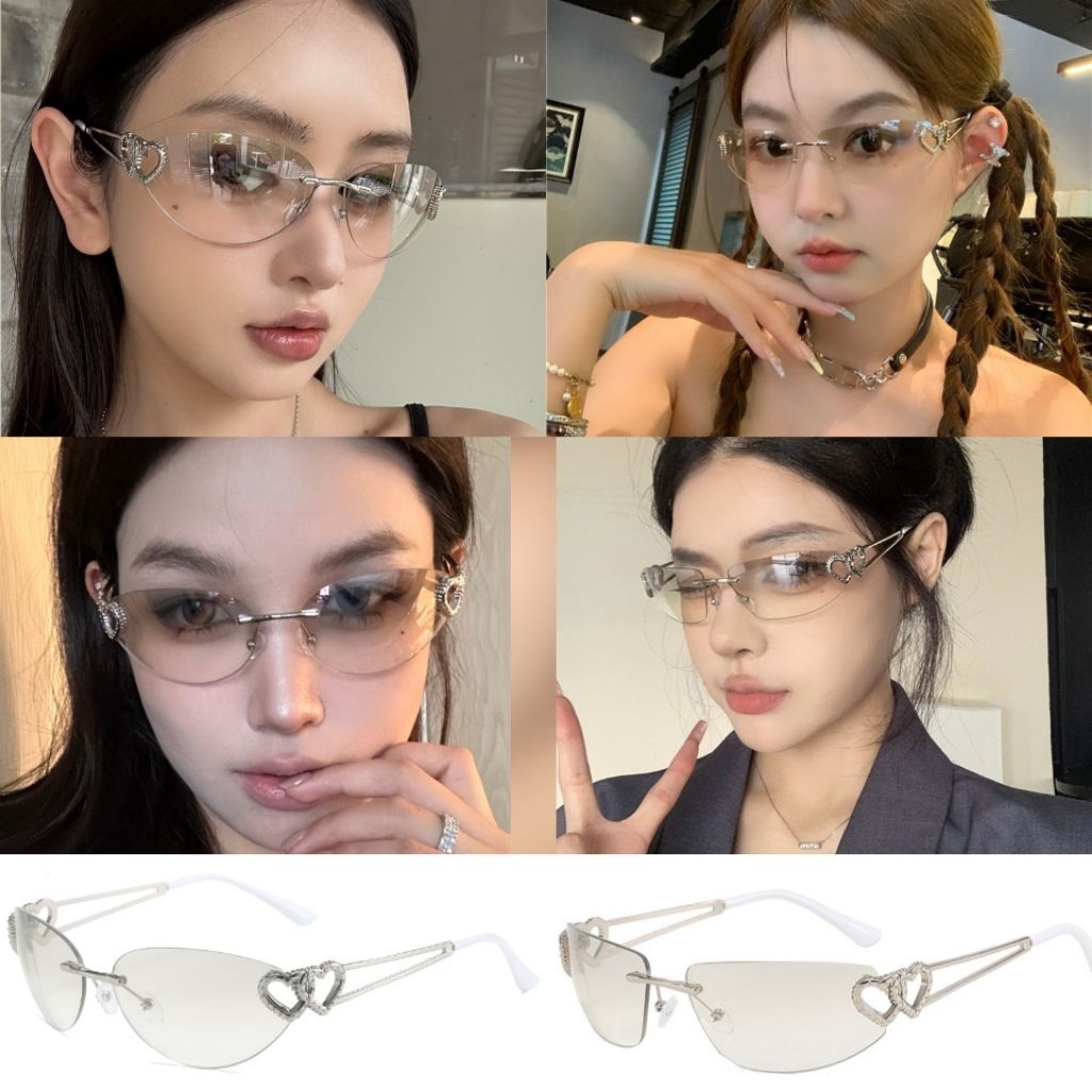 แว่นตาแฟชั่นไร้ขอบ สไตล์เกาหลี แว่นเลนส์กันแดด UV400 TwinHeart ขาหัวใจคู่ เลนส์ Gradient Gray ดีไซน์หรูมีมิติ