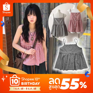 🔥MOONLING พร้อมส่งจากไทย เสื้อสายเดี่ยว ลายสก็อต แขนกุด ใส่ส…