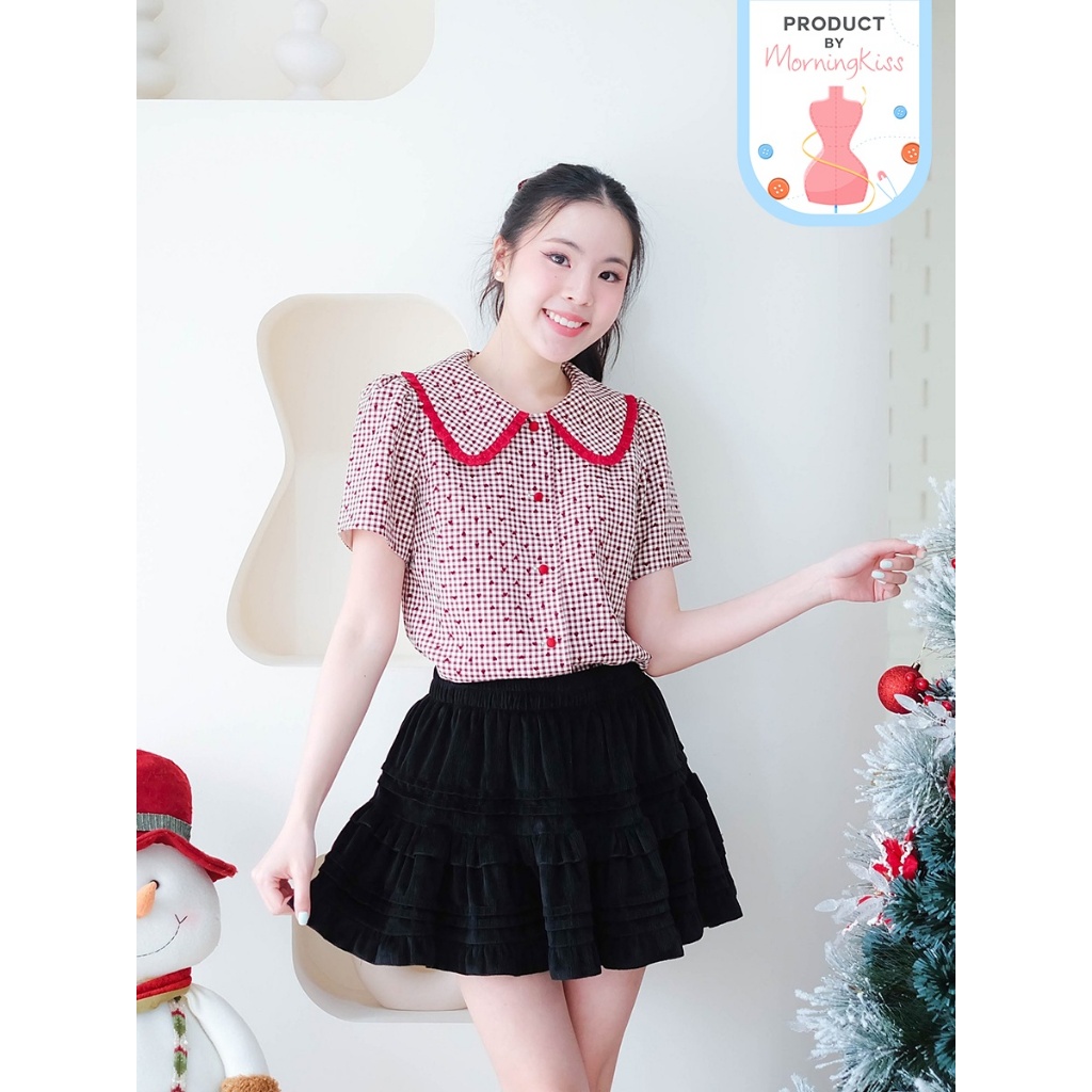 02-372 เสื้อคอปกบัวลายตารางแดงครีม Little Cupid Blouse - 6 ไซส์