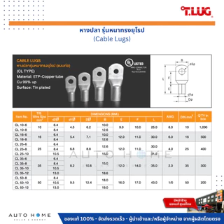 (10ตัว) T.LUG หางปลา อย่างหนาทรงยุโรป(แบบท่อ) เหมาะกับเข้าหัวสายไฟ,สายแบตเตอรี่ เบอร์ 10/16/25/35/50