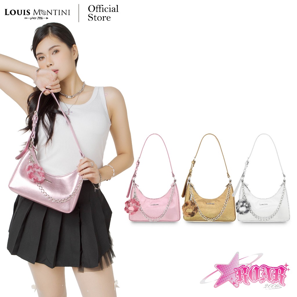 [ส่งด่วนฟรี] Louis Montini (ROAR 2000s) กระเป๋าถือเมทัลลิก Y2K พร้อมพวงกุญแจอุ้งเท้า ROAR02