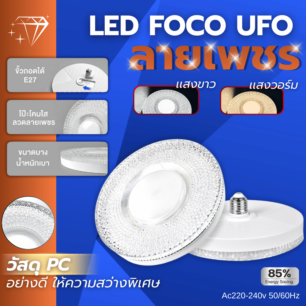[ ลูกค้าใหม่ 1 บาท ] หลอดไฟ LED ลายเพชร หลอดไฟUFO 45W 55W 85W 125W โคมไฟซาลาเปา หลอดไฟจานบิน ไฟเพดาน
