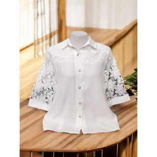 เสื้อลูกไม้คอปกเชิ้ตแขนสามส่วนกระดุมแกะได้ใช้งานจริงด้านหลัง…